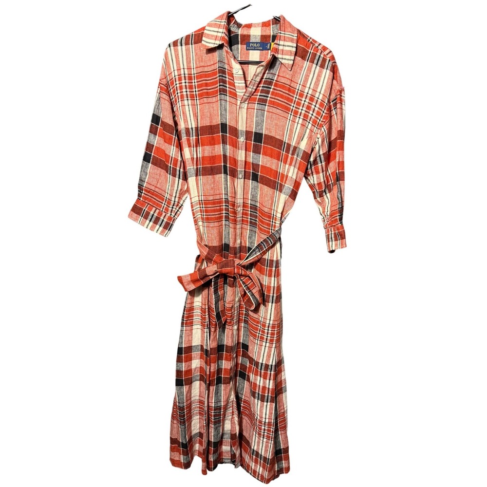 Polo Ralph Lauren Red Plaid Linen Belted Midi Shirt Dress Womens 6